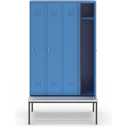 Berlin 2 clothes locker with bench seat, 4 compartments, light blue, W 1200 mm, bench fitted below, plastic.
