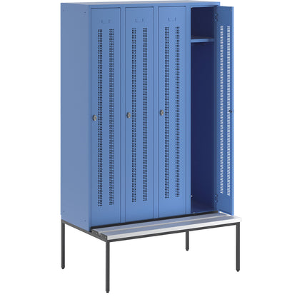 Berlin 1 bench seat clothes locker, 4 compartments, light blue, W 1200 mm, bench fitted below, plastic.