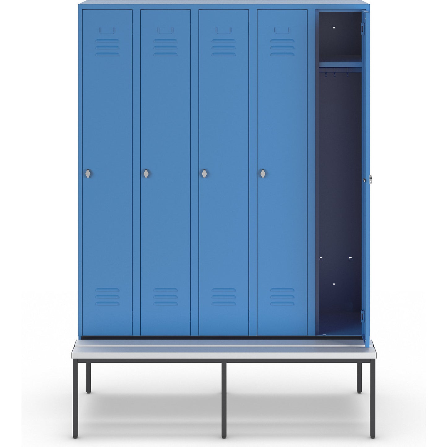 Berlin 2 clothes locker with bench seat, 5 compartments, light blue, W 1500 mm, bench fitted below, plastic.