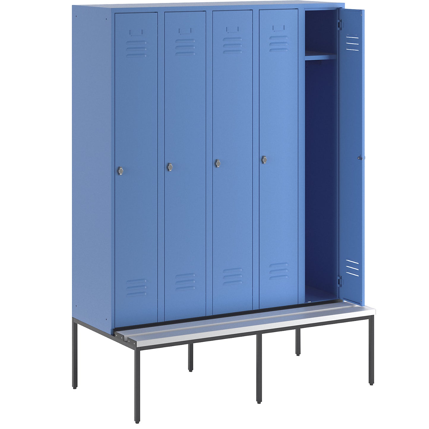 Berlin 2 clothes locker with bench seat, 5 compartments, light blue, W 1500 mm, bench fitted below, plastic.