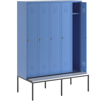 Berlin 2 clothes locker with bench seat, 5 compartments, light blue, W 1500 mm, bench fitted below, plastic.