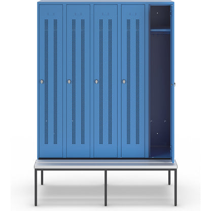 Berlin 1 bench seat clothes locker, 5 compartments, light blue, W 1500 mm, bench fitted below, plastic.
