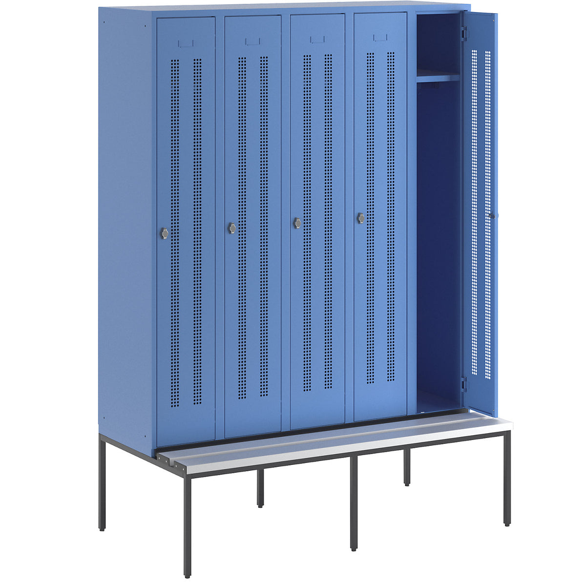 Berlin 1 bench seat clothes locker, 5 compartments, light blue, W 1500 mm, bench fitted below, plastic.
