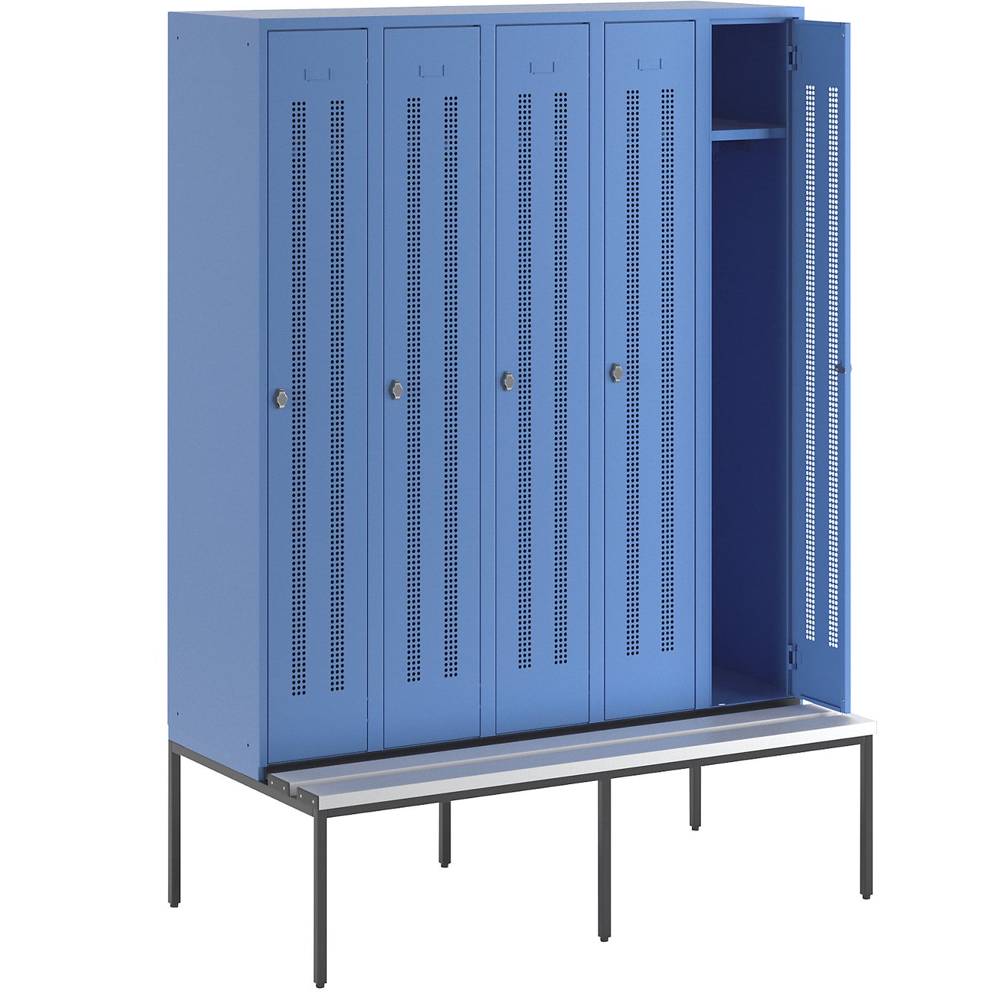 Berlin 1 bench seat clothes locker, 5 compartments, light blue, W 1500 mm, bench fitted below, plastic.