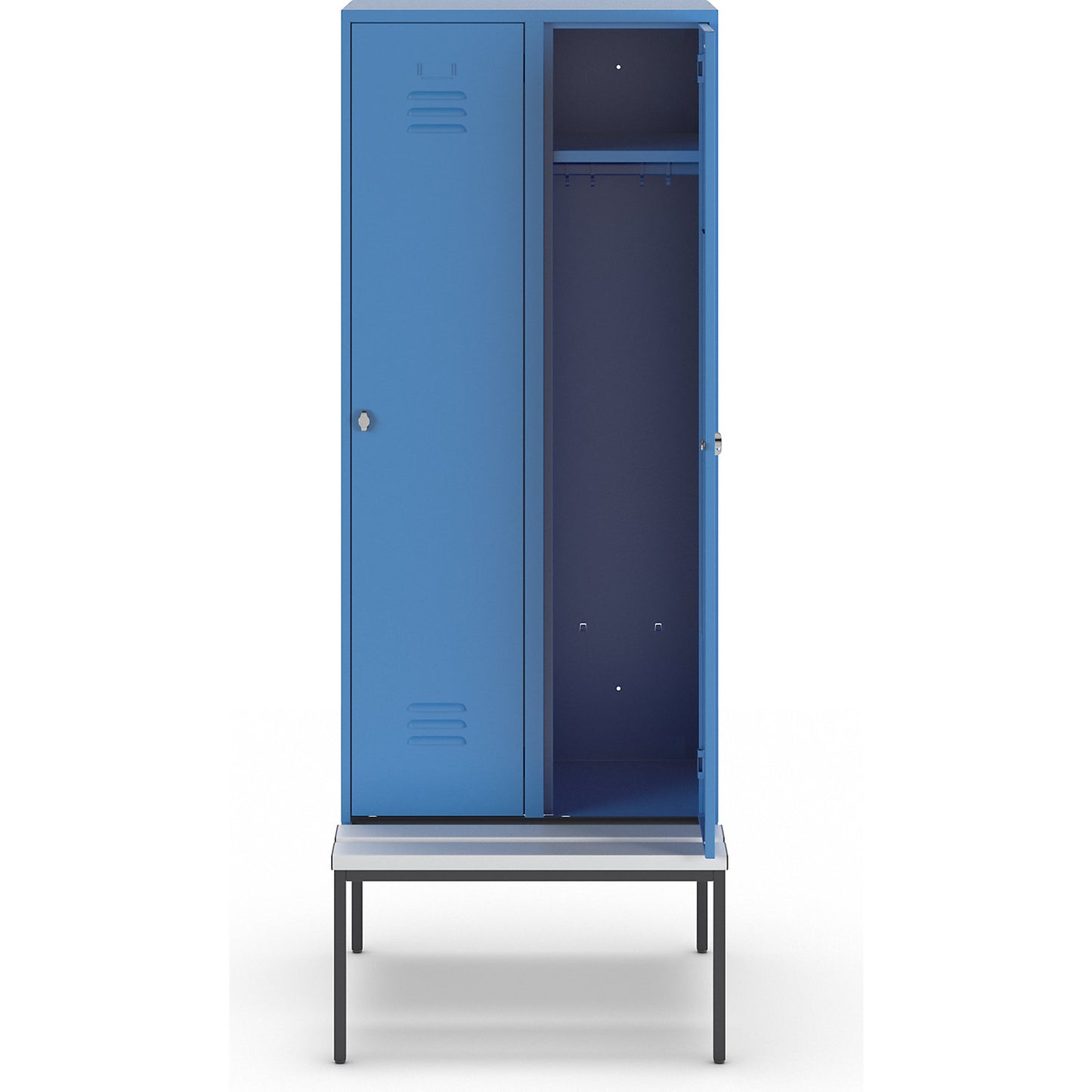 Berlin 2 clothes locker with bench seat, 2 compartments, light blue, W 800 mm, bench fitted below, plastic.