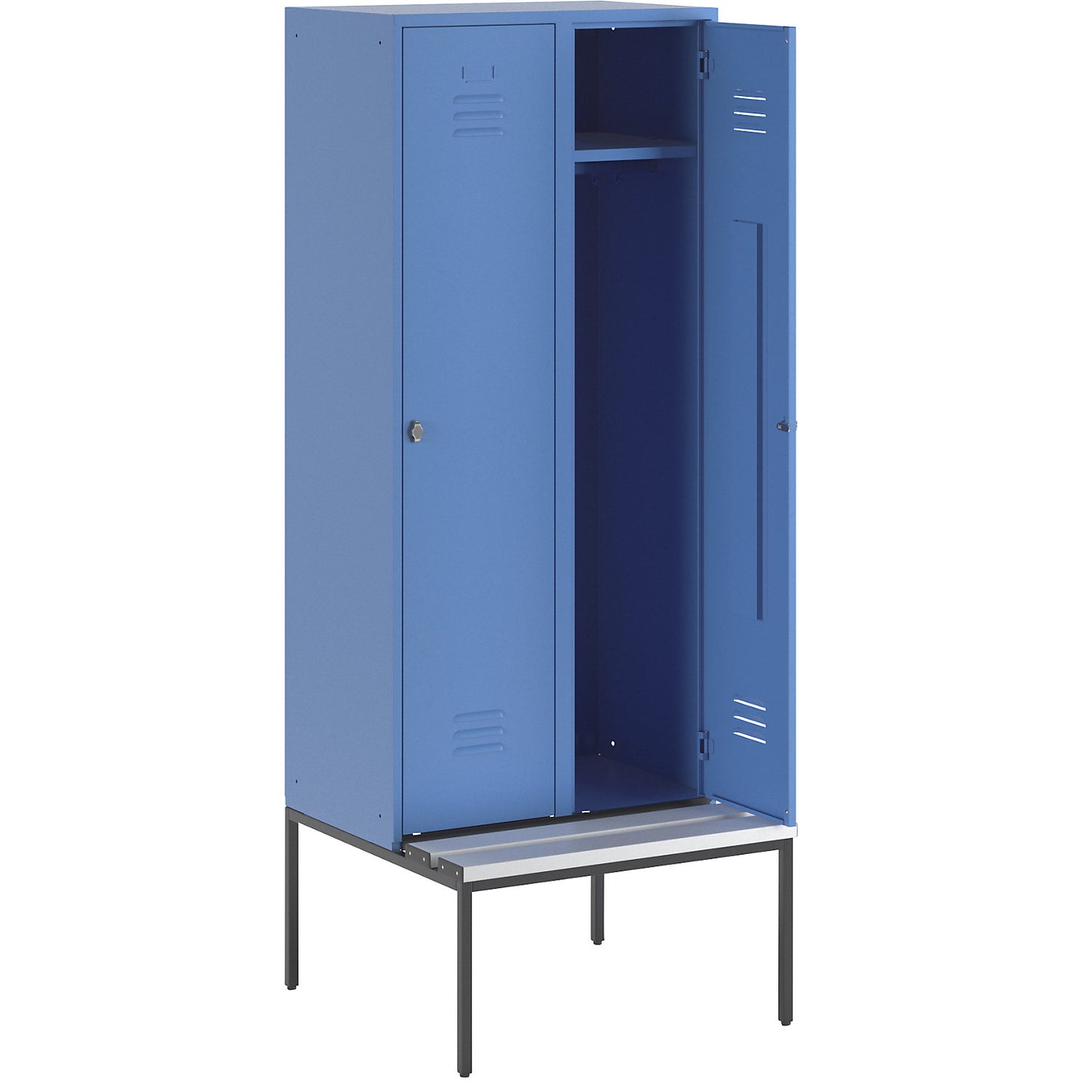 Berlin 2 clothes locker with bench seat, 2 compartments, light blue, W 800 mm, bench fitted below, plastic.