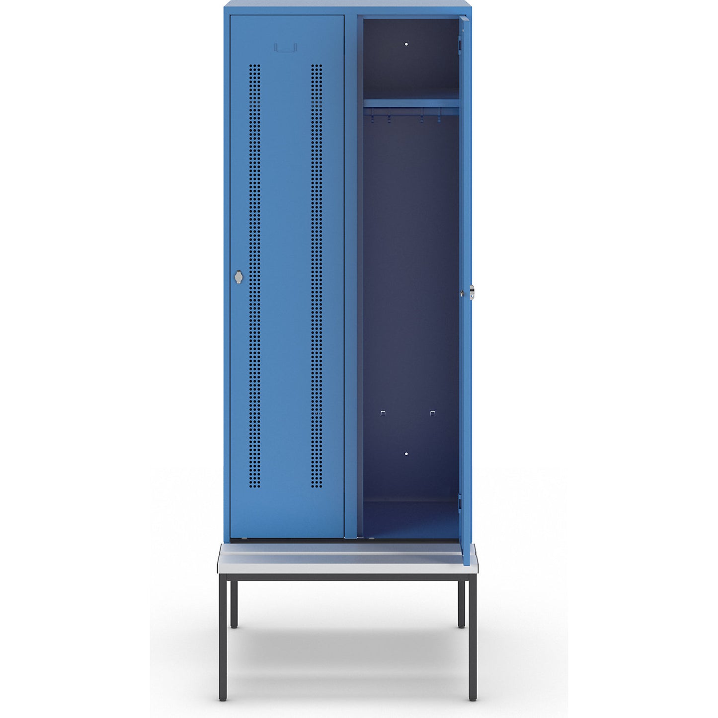 Berlin 1 bench seat clothes locker, 2 compartments, light blue, W 800 mm, bench fitted below, plastic.
