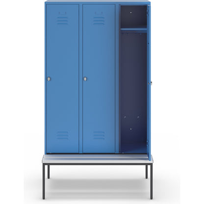 Berlin 2 clothes locker with bench seat, 3 compartments, light blue, W 1200 mm, bench fitted below, plastic.