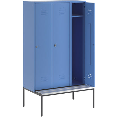 Berlin 2 clothes locker with bench seat, 3 compartments, light blue, W 1200 mm, bench fitted below, plastic.