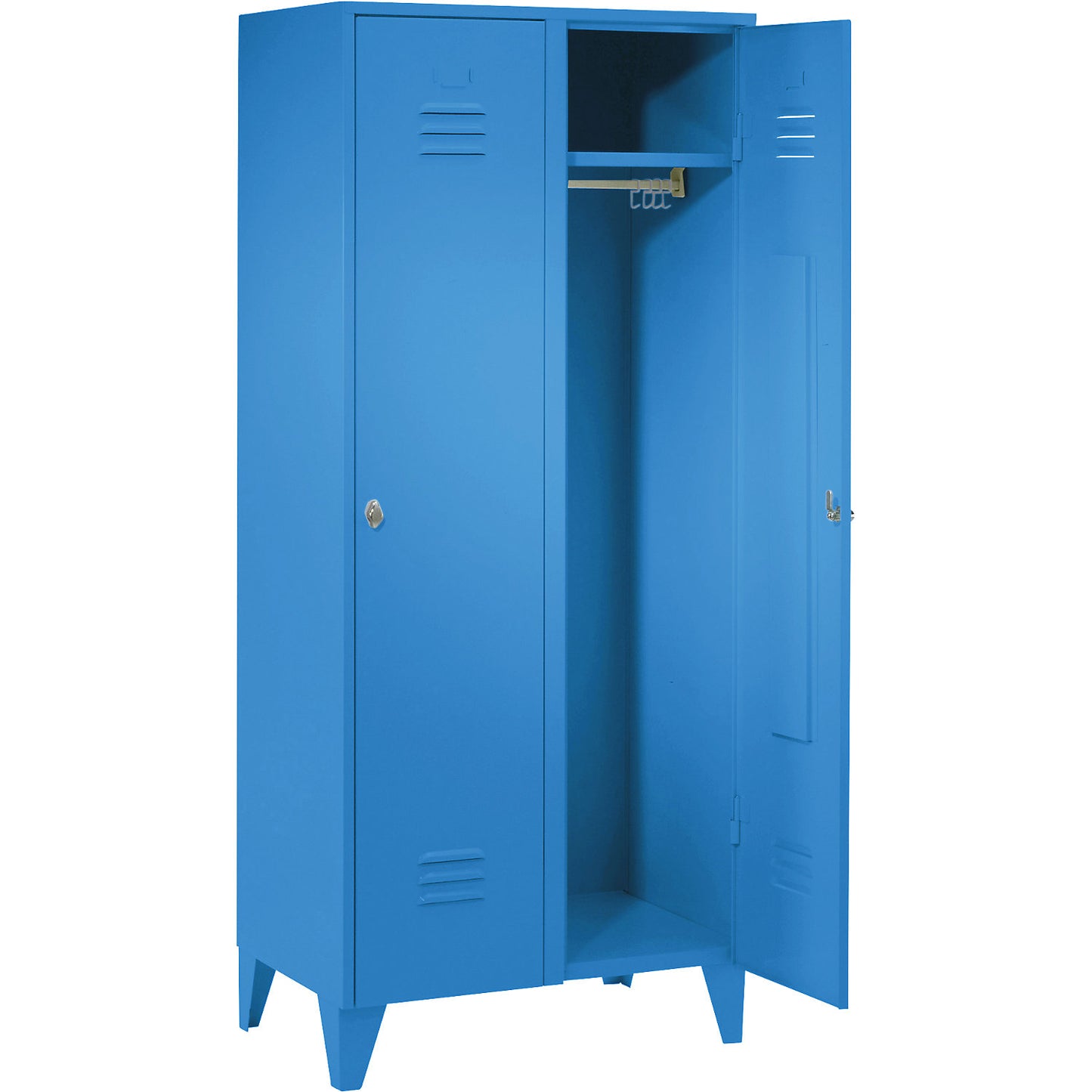 Berlin 2 clothes locker, 2 compartments, light blue, width 800 mm, flat roof shape.