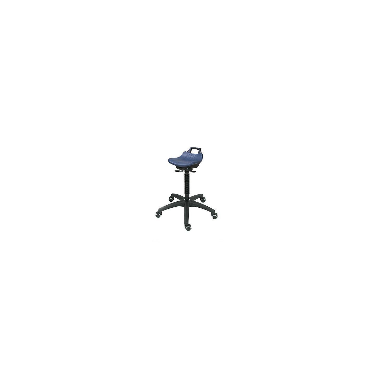 Stool with gas-lift height adjustment, with castors, polyurethane foam seat in blue.
