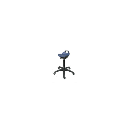 Stool with gas-lift height adjustment, with castors, polyurethane foam seat in blue.