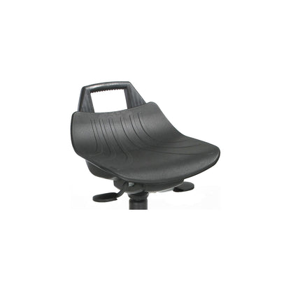 Stool with gas-lift height adjustment, with floor glides and chrome plated foot ring, hard plastic seat in black.