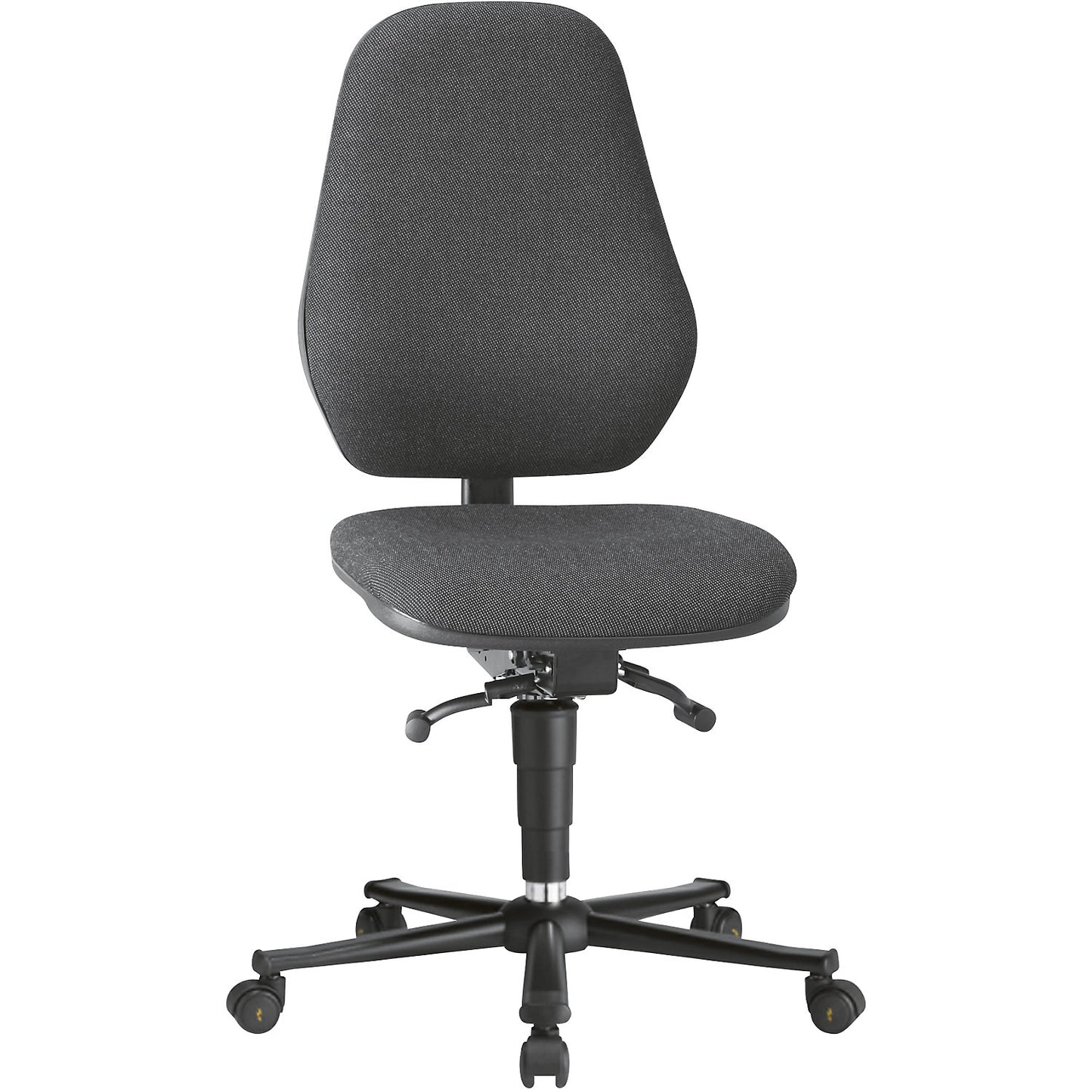 ESD industrial swivel chair, conductive, gas spring, with castors, black fabric covering.