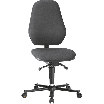 ESD industrial swivel chair, conductive, gas spring, with castors, black fabric covering.