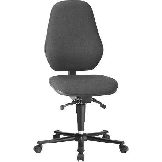 ESD industrial swivel chair, conductive, gas spring, with castors, black fabric covering.