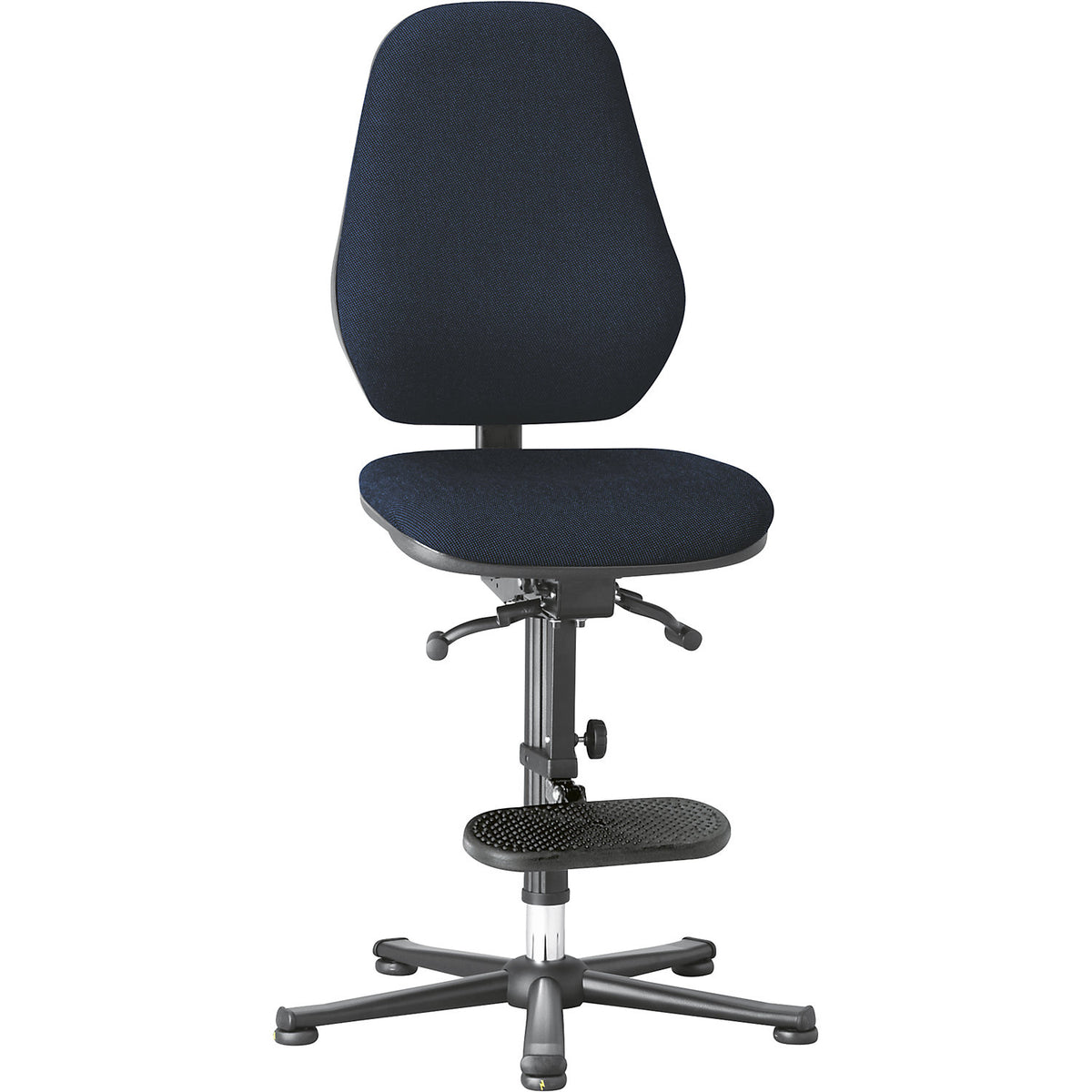 ESD industrial swivel chair, conductive, gas spring, floor glides, step-up, blue fabric covering.