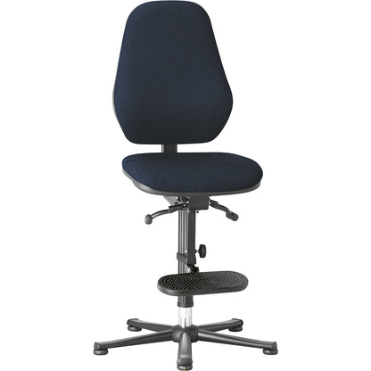 ESD industrial swivel chair, conductive, gas spring, floor glides, step-up, blue fabric covering.