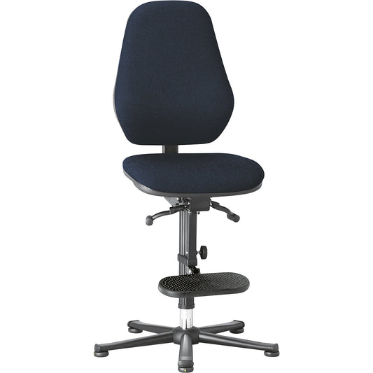 ESD industrial swivel chair, conductive, gas spring, floor glides, step-up, blue fabric covering.