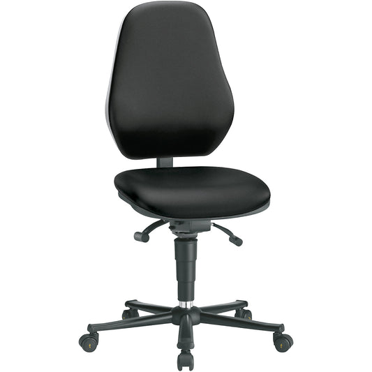 ESD industrial swivel chair, conductive, gas spring, with castors, black vinyl covering.
