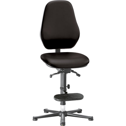 ESD industrial swivel chair, conductive, gas spring, floor glides, step-up, black vinyl covering.