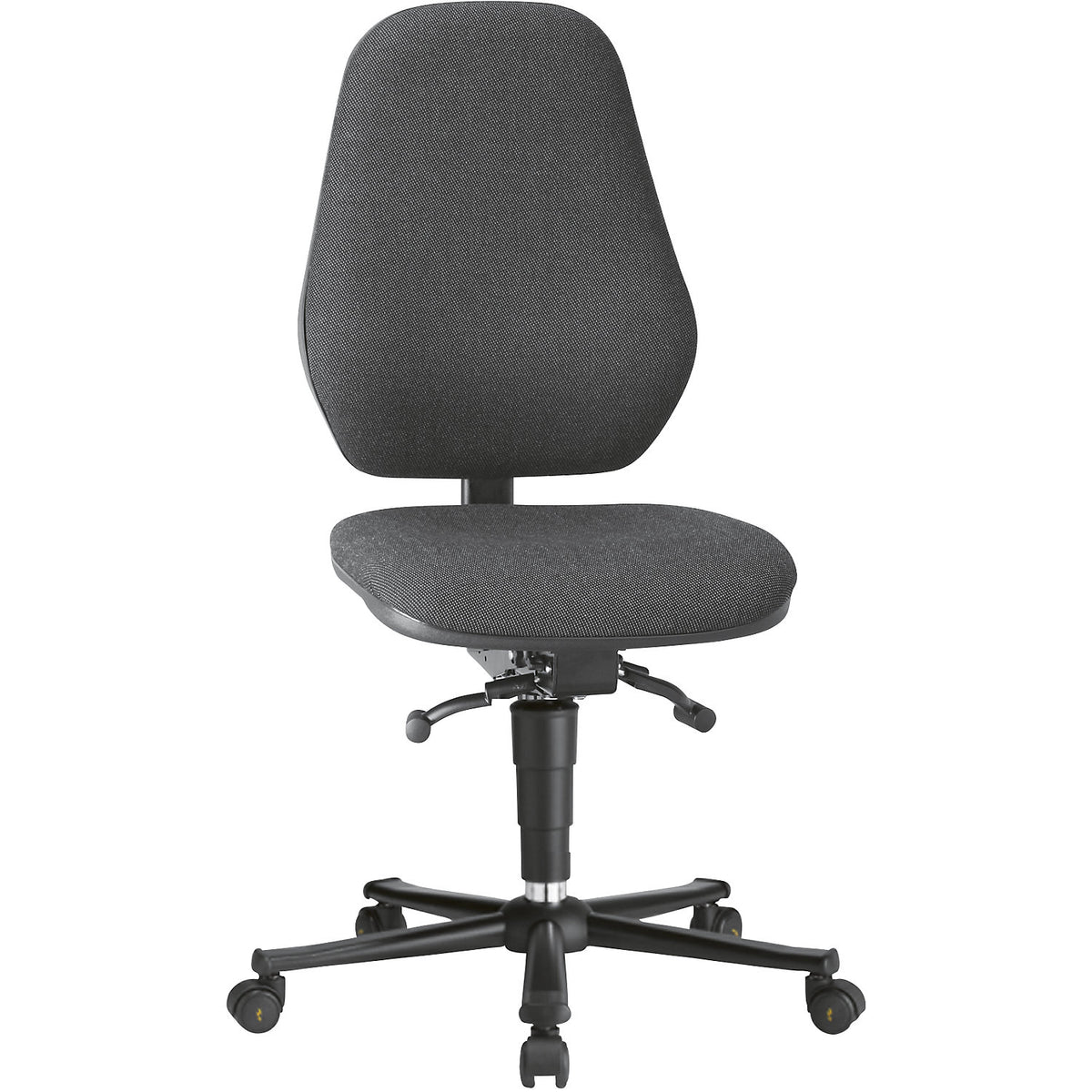 ESD industrial swivel chair, conductive, with synchronous mechanism and weight adjustment, with castors, black fabric covering.