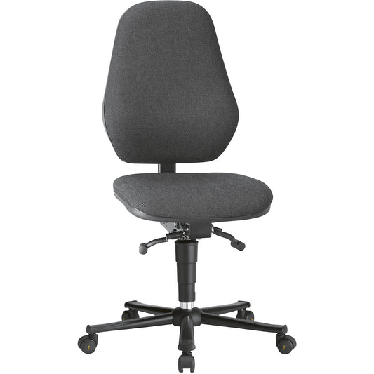 ESD industrial swivel chair, conductive, with synchronous mechanism and weight adjustment, with castors, black fabric covering.