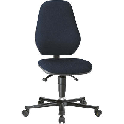 ESD industrial swivel chair, conductive, with synchronous mechanism and weight adjustment, with castors, blue fabric covering.