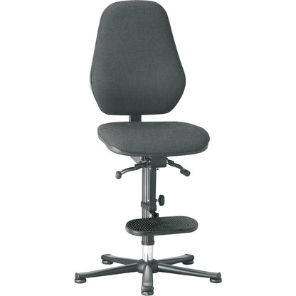 ESD industrial swivel chair, conductive, with synchronous mechanism and weight adjustment, floor glides, step-up, black fabric covering.