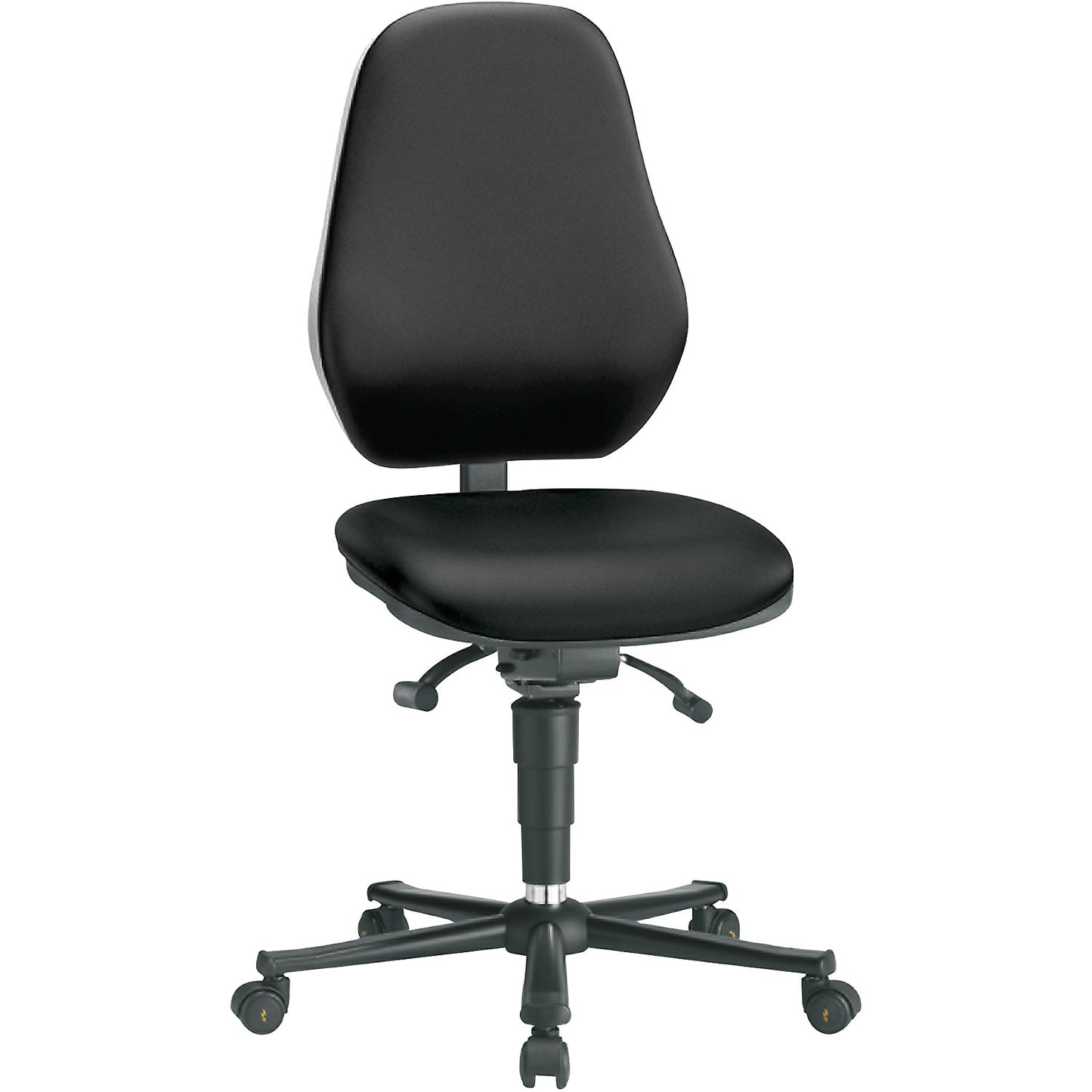 ESD industrial swivel chair, conductive, with synchronous mechanism and weight adjustment, with castors, black vinyl covering.