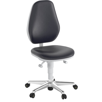 Cleanroom swivel chair, with castors, permanent contact mechanism, adjustable seat inclination.