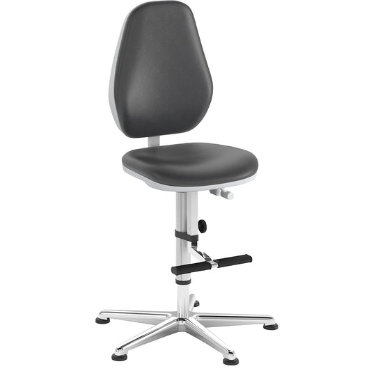 Cleanroom swivel chair, with floor glides and step, permanent contact mechanism, adjustable seat inclination.