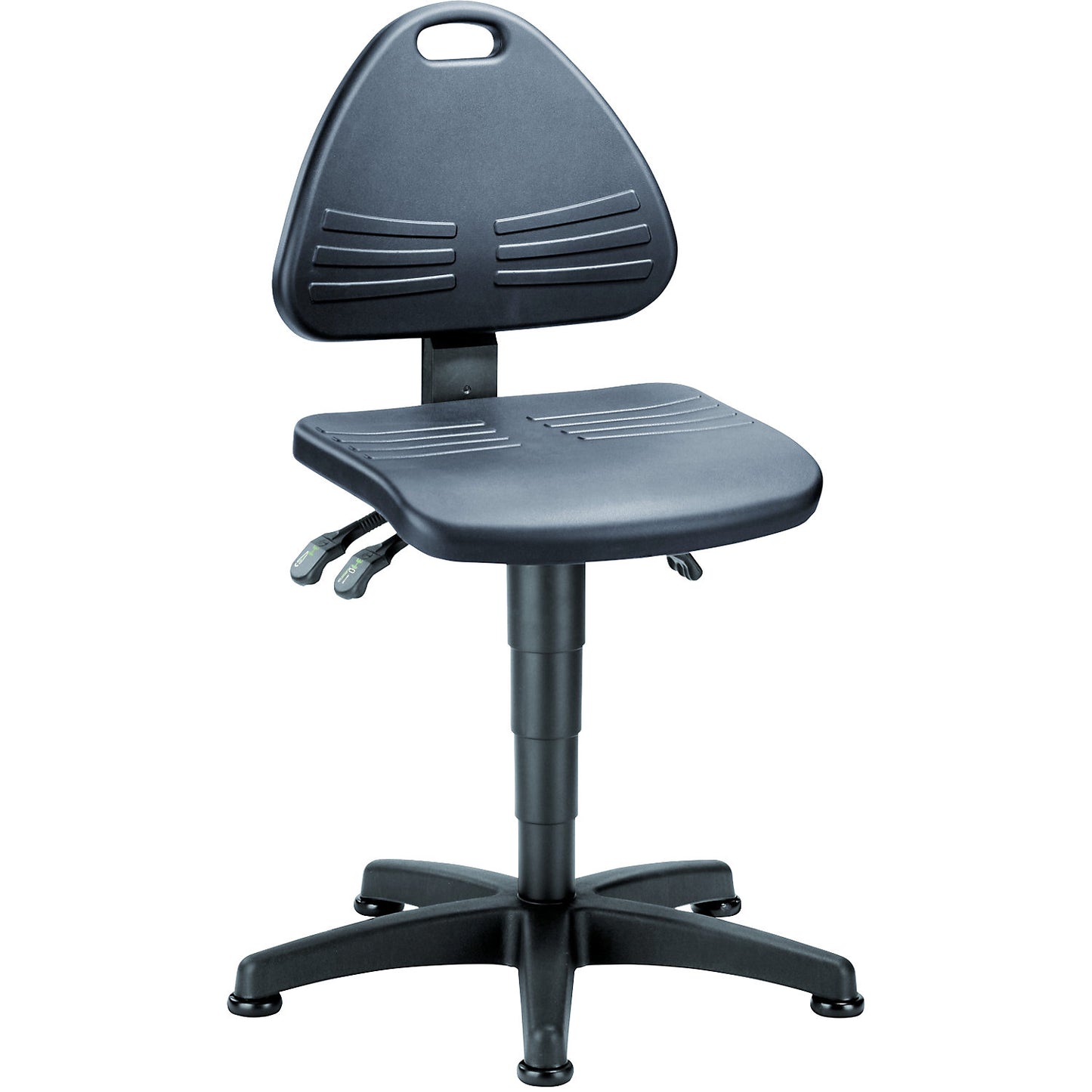 Industrial swivel chair, PU foam upholstery, with floor glides, height adjustment range 430 - 600 mm.
