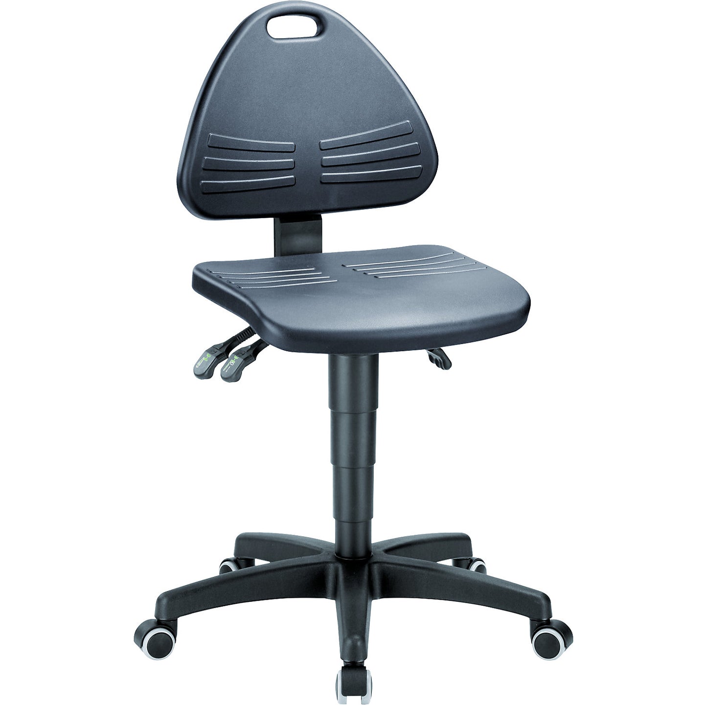 Industrial swivel chair, PU foam upholstery, with castors, height adjustment range 430 - 600 mm.