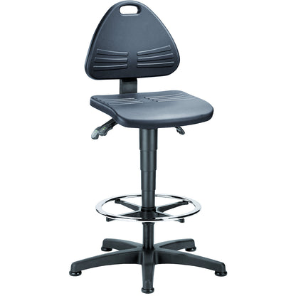 Industrial swivel chair, PU foam upholstery, with floor glides and foot ring, gas lift height adjustment from 580 - 850 mm.