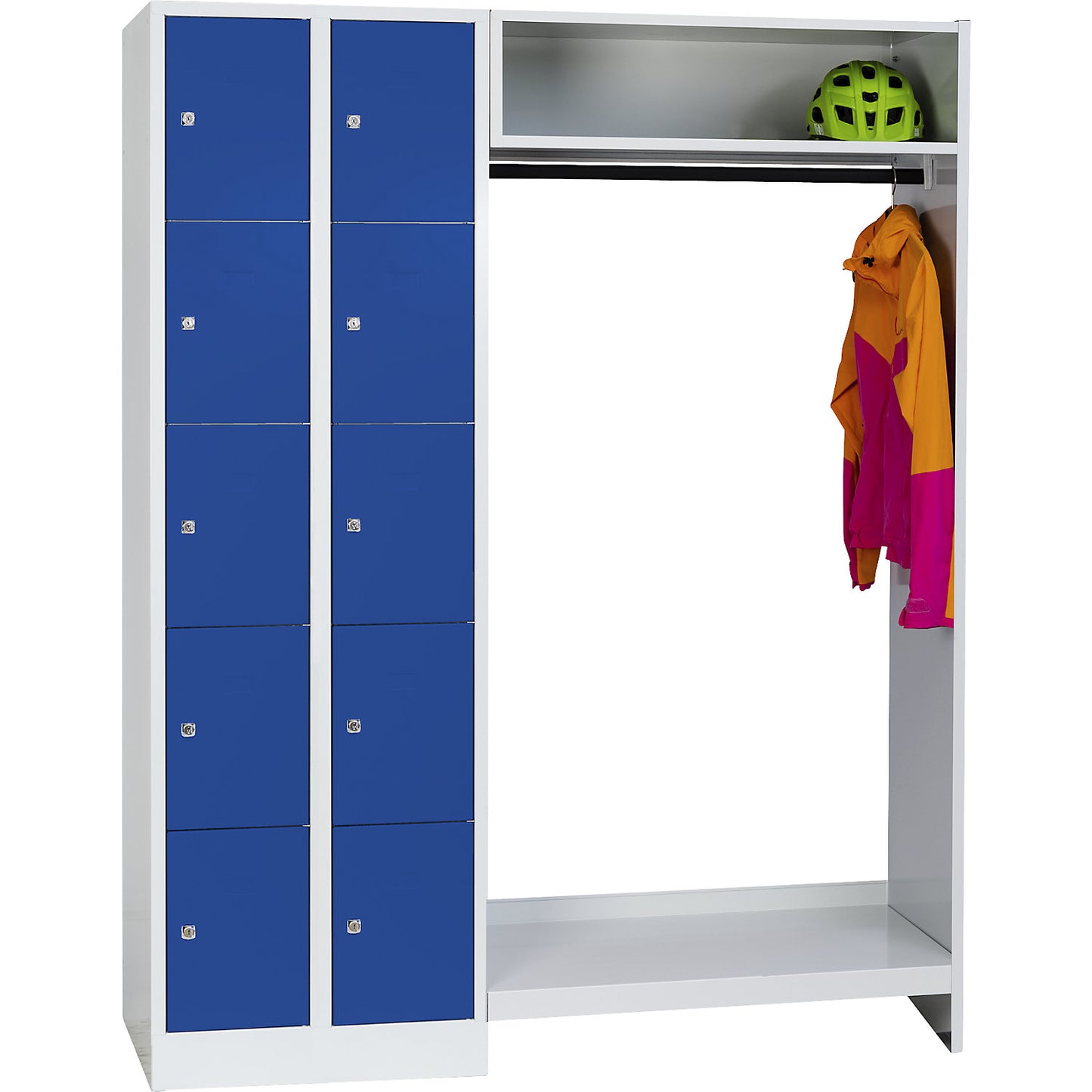 Dresden cloakroom locker system, 2 compartments on left, 1 coat rail, W 1470 mm, light grey / gentian blue.