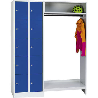 Dresden cloakroom locker system, 2 compartments on left, 1 coat rail, W 1470 mm, light grey / gentian blue.