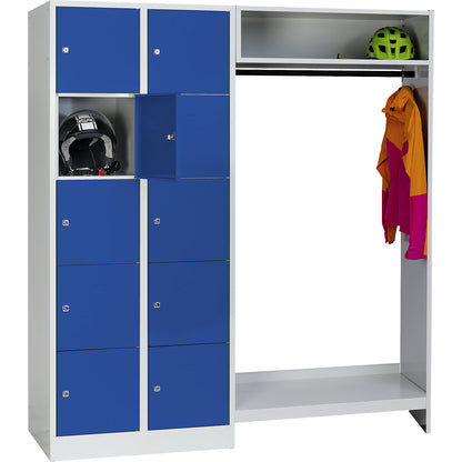 Dresden cloakroom locker system, 2 compartments on left, 1 coat rail, W 1670 mm, light grey / gentian blue.