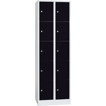 Dresden 5-fold compartment locker, 2 compartments, light grey / jet black, W 600 mm, with base plinth.