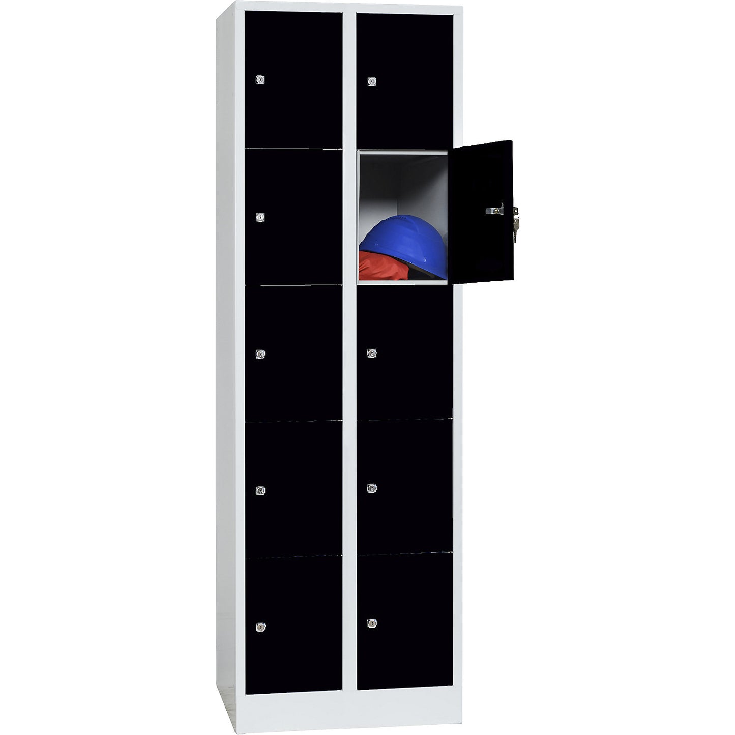 Dresden 5-fold compartment locker, 2 compartments, light grey / jet black, W 600 mm, with base plinth.