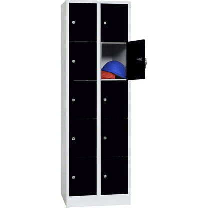 Dresden 5-fold compartment locker, 2 compartments, light grey / jet black, W 600 mm, with base plinth.