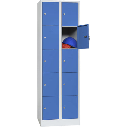 Dresden 5-fold compartment locker, 2 compartments, light grey / light blue, W 600 mm, with base plinth.