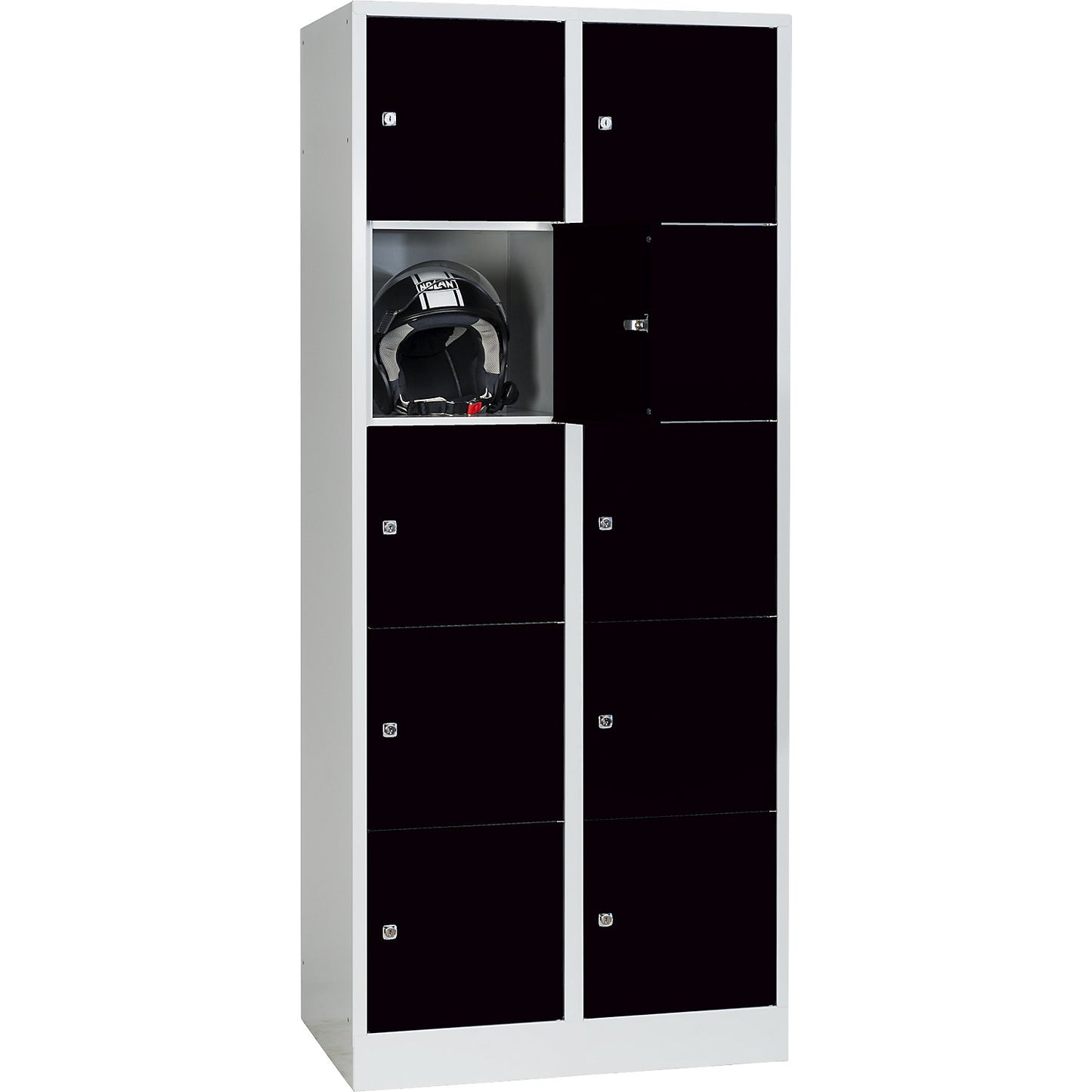 Dresden 5-fold compartment locker, 2 compartments, light grey / jet black, W 800 mm, with base plinth.