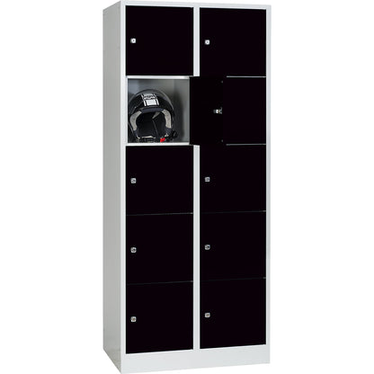 Dresden 5-fold compartment locker, 2 compartments, light grey / jet black, W 800 mm, with base plinth.