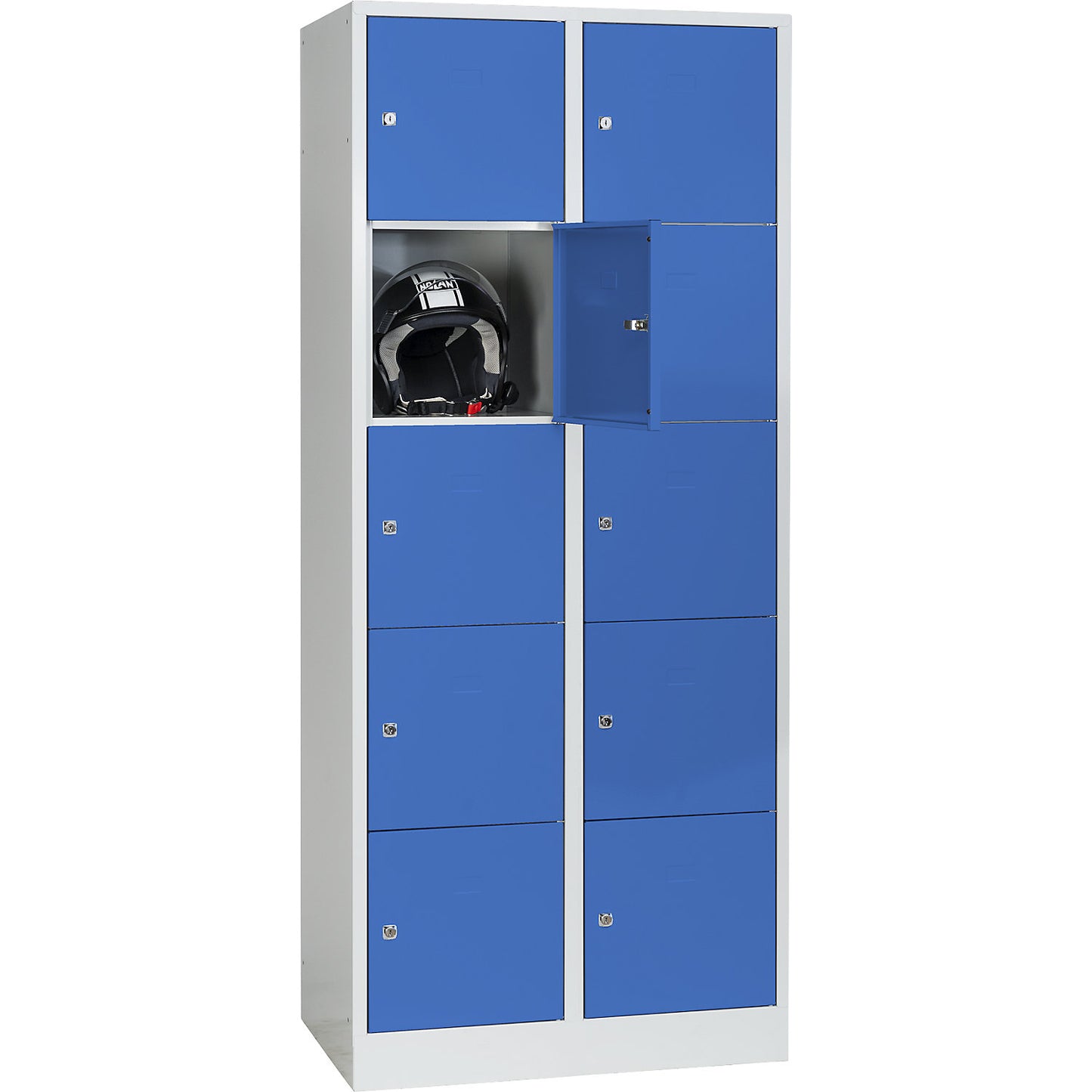 Dresden 5-fold compartment locker, 2 compartments, light grey / light blue, W 800 mm, with base plinth.