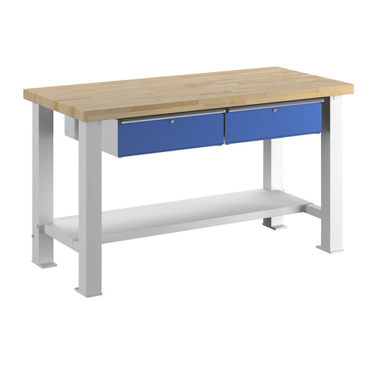 Heavy duty workbench, worktop width 1500 mm, with 2 drawers, worktop thickness 50 mm.