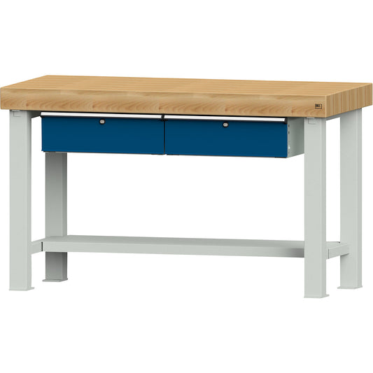 Heavy duty workbench, worktop width 1500 mm, with 2 drawers, worktop thickness 100 mm.