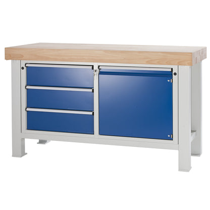 Heavy duty workbench, worktop width 1500 mm, with 3 drawers and 1 hinged door, worktop thickness 50 mm.