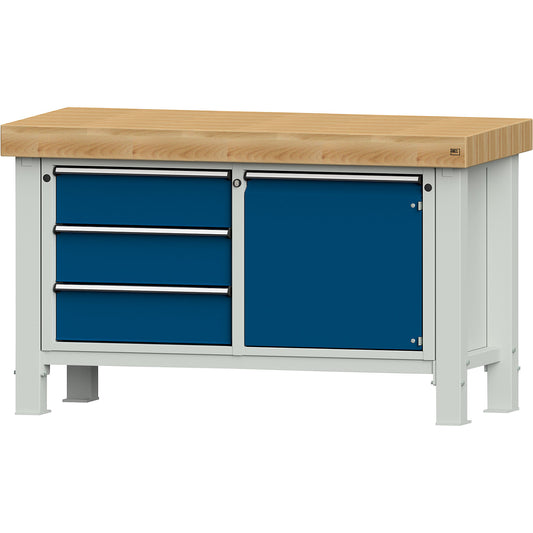Heavy duty workbench, worktop width 1500 mm, with 3 drawers and 1 hinged door, worktop thickness 100 mm.