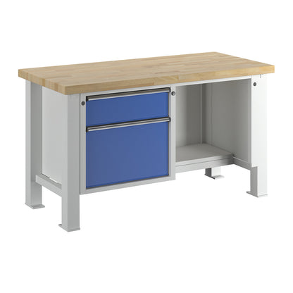 Heavy duty workbench, worktop width 1500 mm, with 1 drawer and 1 hinged door, worktop thickness 50 mm.